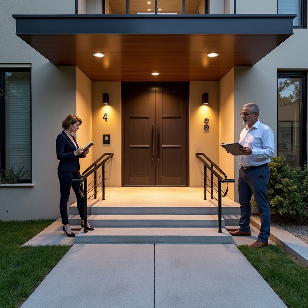 Residential building entrance showing accessibility ramps and universal design features