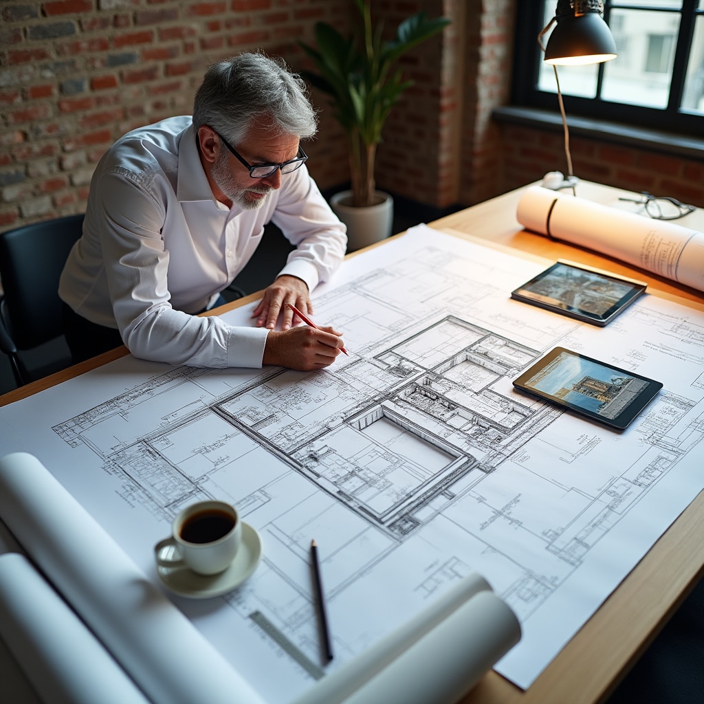 Architectural workspace with technical drawings and drafting tools