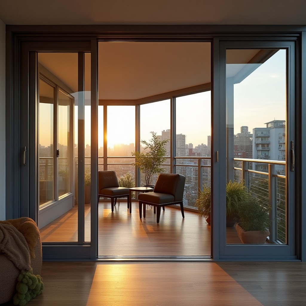 Modern enclosed balcony with glass panels and natural lighting