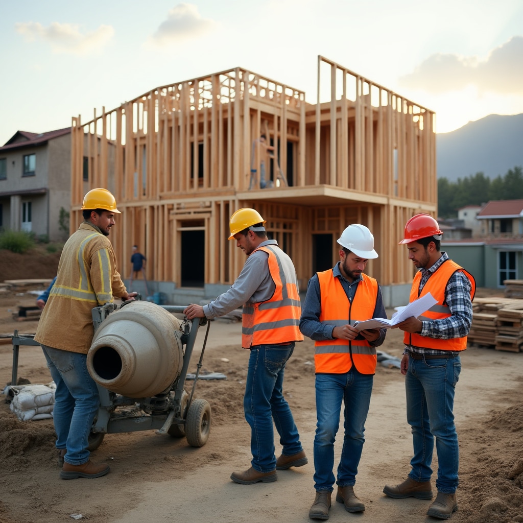 Active construction site with workers and building materials