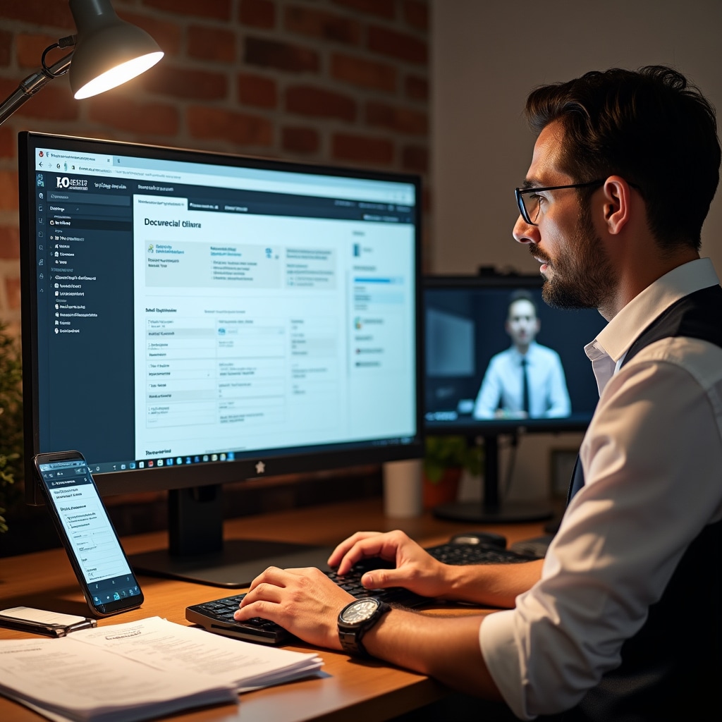Digital interface showing online municipal permit application system and electronic document submission