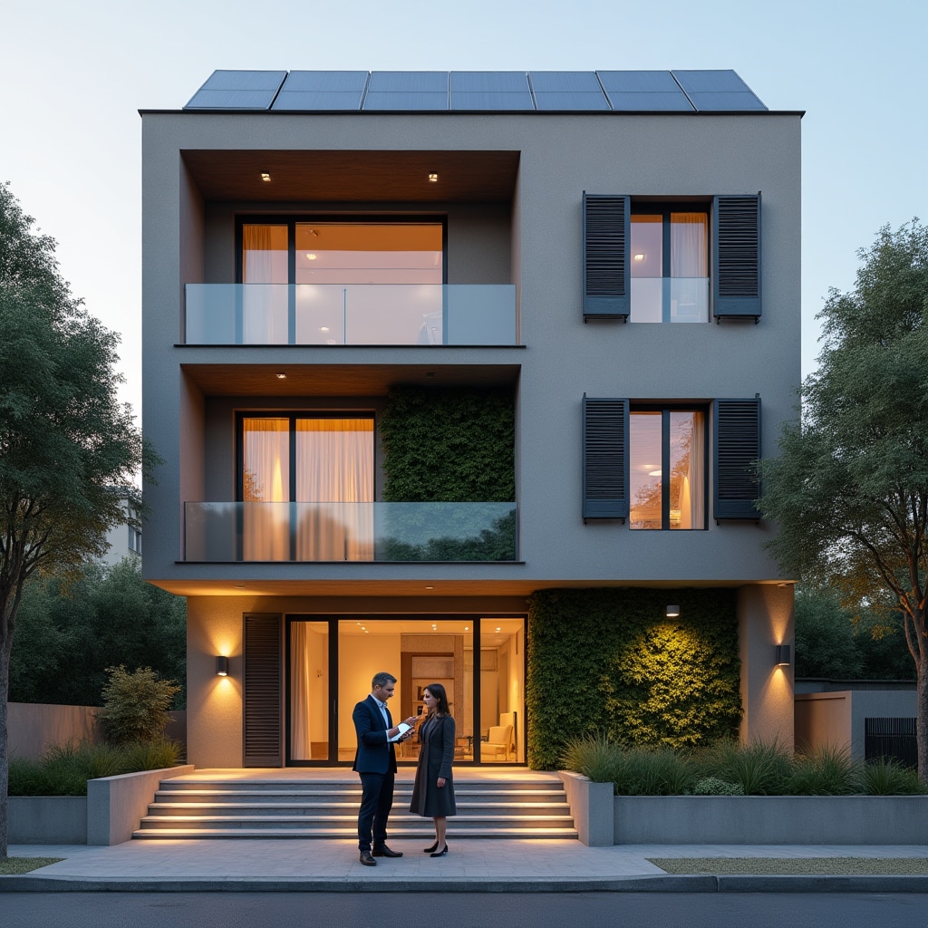 Modern residential building showcasing energy-efficient design elements and sustainable features