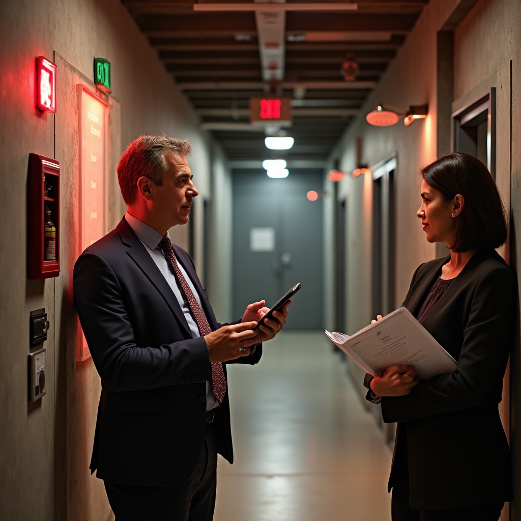 Building safety features including fire exits, emergency lighting, and fire prevention systems