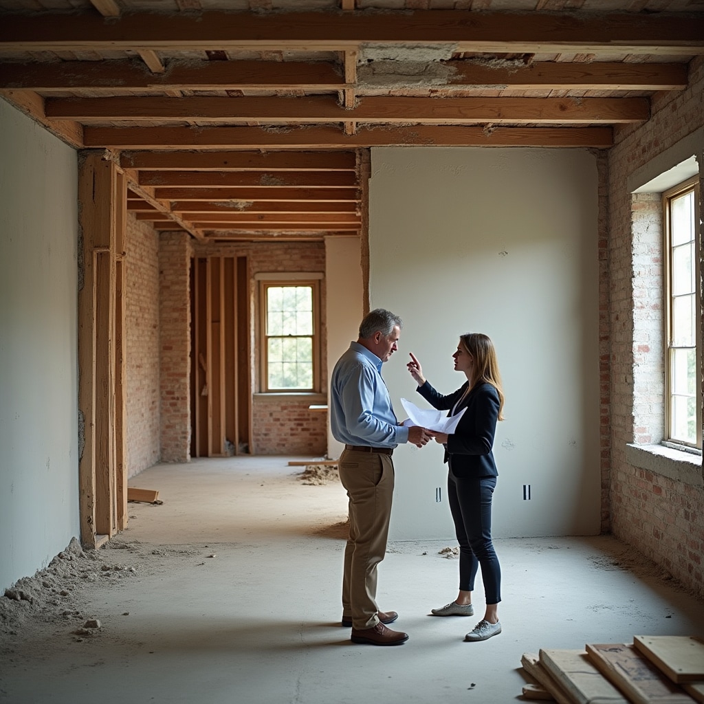 Interior renovation showing new layout and structural modifications